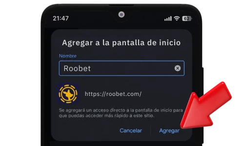 Confirmar la creación del acceso directo de Roobet en Android