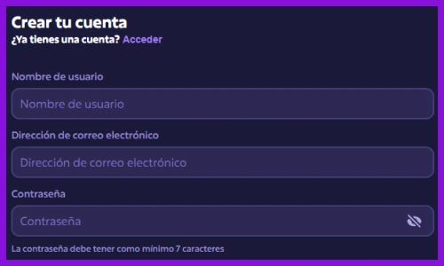 Completar el formulario de registro para crear una cuenta Roobet